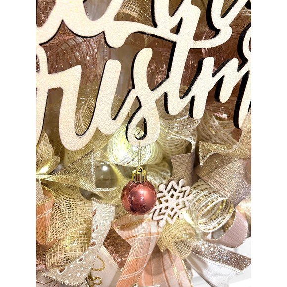 Christmas Snowflake Holiday Ribbon Door Wreath Handmade 22 ins LED W12 Gold Pink - Picture 8 of 12